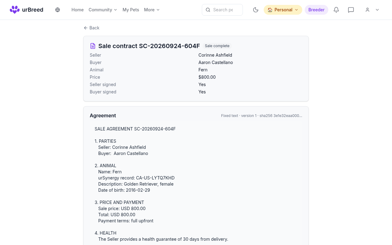 A completed urBreed sale contract: seller Corinne Ashfield, buyer Aaron Castellano, the animal Fern, a price of 800 dollars, both parties signed, and the agreement's fixed text identified by version and sha256 hash